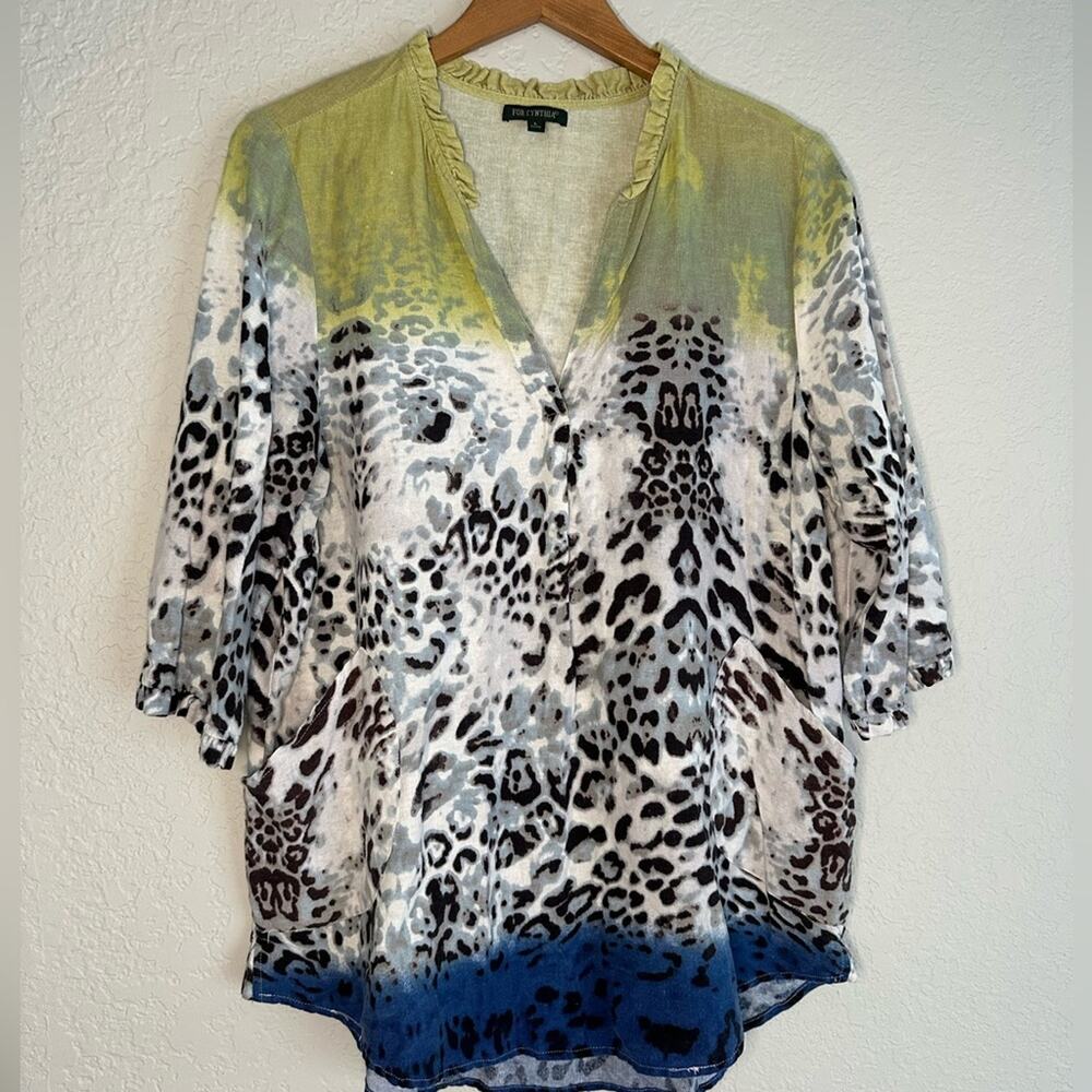 Linen Green Blue Animal Print Large Tunic Top Pockets V Neck Vacation 80s Loud